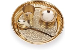 Crafts of India Brass Thali Set for Bhog to Kanha Thakur ji Indian Hindu God Rituals Puja Plate. Set of 4 Pieces, (Plate, Katori, Glass, Spoon)