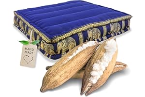 ‎LIVASIA Livasia Sitzkissen Boden Thaiseide - 50x50x10cm - Bodenkissen Indoor/Outdoor, Meditationskissen Yogakissen, Stuhlauflage Palettenmöbel, Steppkissen Bank handgefertigt (Blau/Elefanten Seide)