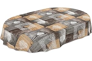 ANRO - Mantel de hule lavable para mesas grandes, con diseño efecto madera con corazones en marrón, ovalado, 200 x 160 cm, con dobladillo, ribeteado