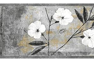 Dundee Deco BD6054 Peel and Stick Wallpaper Border - Floral White, Gray, Brown, Black Abstract Flowers Wall Border Retro Design, 15 ft x 7 in (4.57m x 17.78cm), Self Adhesive