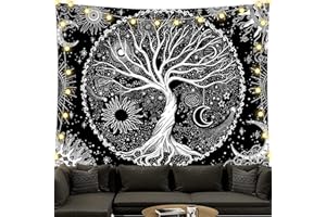 BOZILY Tapisserie murale, motif arbre de vie, phases de la lune, noir et blanc, pour salon, couvre-lit, chambre à coucher (S/130 x 150 cm)