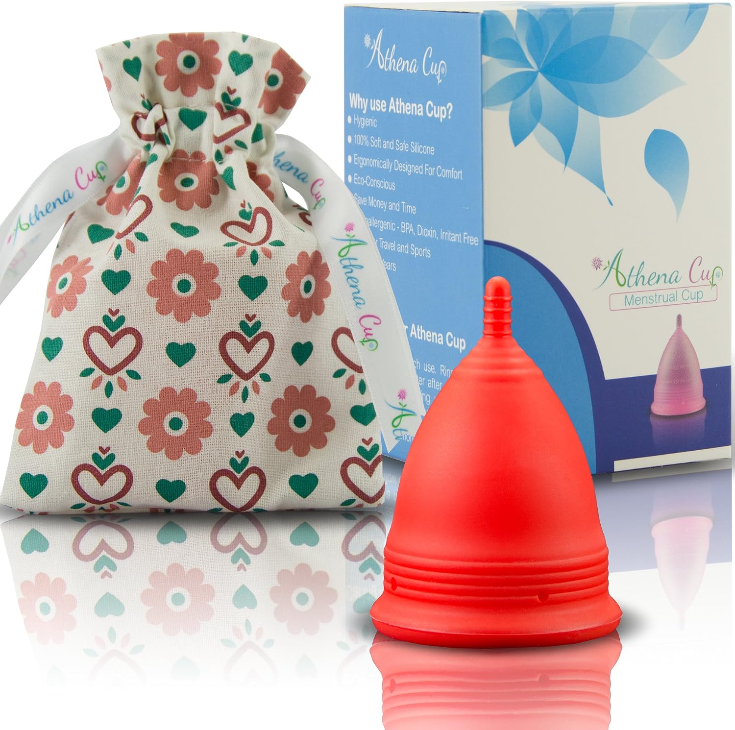 Athena Copa Menstrual – La copa menstrual más recomendada - Incluye una bolsa de regalo - Talla 1, Rojo liso - ¡Ausencia de pérdidas garantizada!