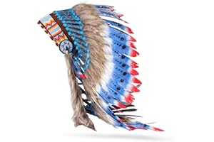 Pink Pineapple Coiffe Indienne en Plumes d'origine Responsable - Warbonnet Style Indiens d’Amérique Fait Main - d’Inspiration amérindienne, Artisanale & éthique - Longueur Moyenne - Bleu Rouge Blanc
