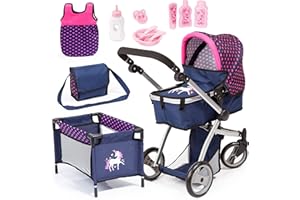 Bayer Design 18354AC Huge pram Jogger Sport, Dolls Stroller, Height Adjustable, Mega Set with Lots of Accessories, Travel Bed, Shoulder Bag and Much More,Blue, Pink, Unicorn,67x 36 x 74 cm