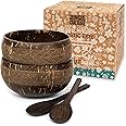 Jungle Culture® Set of 2 Coconut Bowls & Spoons • Organic Wooden Bowls Polished with Coconut Oil, Reusable Straw & Pouch • Handmade Serving Bowls for Food Acai Smoothies & Salad • Eco Friendly Gift