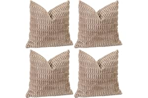 Sungeek Set of 4 Soft Corduroy Decorative Cushion Covers 45x45cm, Square Striped Throw Pillow Covers 18x18 Inch for Sofa Couch Bedroom Living Room Farmhouse, Boho Home Decor Pillowcases (Khaki)