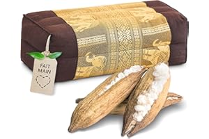 livasia coussin yoga carré bloc soie thaï - 17x34x12cm Coussin de méditation kapok, Coussin de soutien rectangulaire, Accessoire yoga pilates coussin cale-nuque, fait main (Marron/Doré/Éléphants Soie)