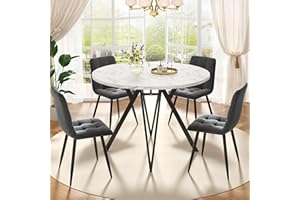 Gxffipw Essgruppe Esstisch mit 4 Stühlen Set für 4 Personen, Esstisch Rund 100cm mit Schwarz Metallbeinen und 4 Grau Leinen Esszimmerstühle, Weiße Tischplatte, Esszimmermöbel, Küchenmöbel