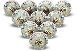 FURNISHFUL FINESSE Gold Knobs for Cabinets Assorted Green Dresser Knobs Vintage Ceramic Door Knobs Colorful Kitchen Furniture Pull Handles Cupboard for Wardrobe Home Interior Décor-Pack of 06