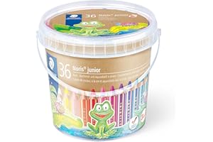 Staedtler Noris Junior, Crayons de couleur à la cire et aquarellables gros module, Spécialement conçus pour les enfants, Pot avec 36 crayons assortis et 3 taille-crayons, 140 C36