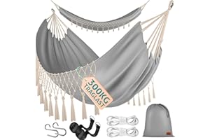 KESSER® Hängematte 320x150 cm belastbar bis 300 kg, wetterfeste & atmungsaktive Tuchhängematte mit Fransen für 1-2 Personen – Ideal für Camping, Garten & Outdoor, inkl. Beutel, Seile & Gurte, Grau
