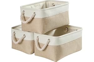 Mangata 3 Stück aufbewahrungskorb Stoff, Kleine aufbewahrungsbox Schrank, Korb aufbewahrung Stoff mit Baumwolle Seil für Spielzeug, kleiderschrank, Regale, Kleidung (Faltbare, Khaki-Weiß)