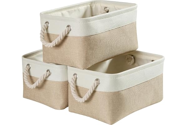 Mangata Panier Rangement, Boite de Rangement Tissu rectangulaire Dressing avec poignée pour Jouets, Armoire (Set of 3, Pliable, Moyen,Kaki Clair Blanc)