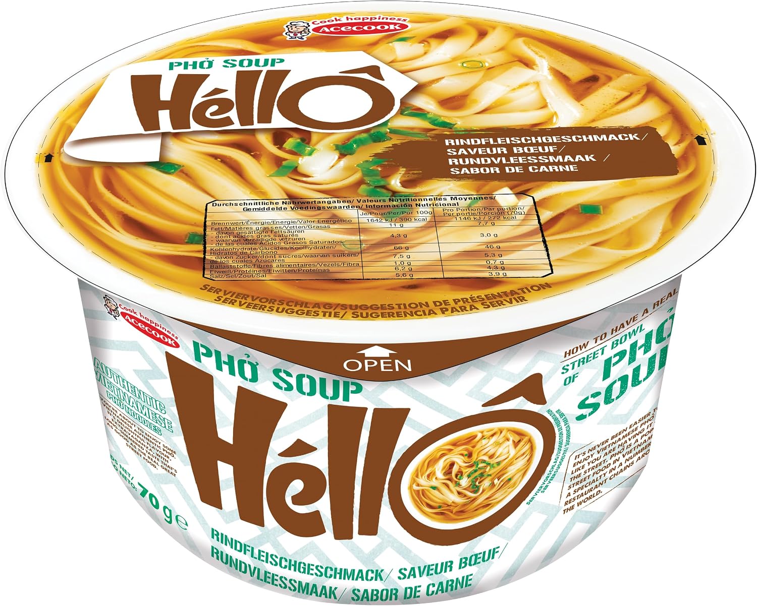 HELLO PHO Fideos instantáneos de arroz, ternera, sin gluten - 1 x 70 g