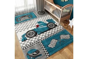 ‎CARPETTEX TEPPICH Carpettex Kinderteppich Rennwagen Design Blau 160 x 230 cm - Kurzflor Teppich Kinderzimmer für Mädchen und Jungen Pflegeleicht Weich - Waschbarer Spielteppich Babyteppich Gaming Teppich Babyzimmer