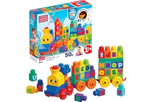 MEGA BLOKS First Builders ABC musiktåg byggklossar | 50 delar med ABC-klossar, musik och ljud, hjulbaser, lätt att bygga, för