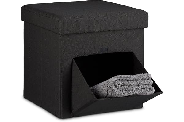 Relaxdays sittpall, svart | hopfällbar, sittbox, förvaringsbox med avtagbart lock och lucka, HxBxD: 38 x 38 x 38 cm