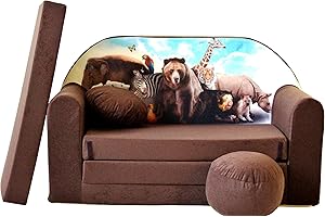 Pro Cosmo Divano letto pieghevole per bambini con funzione letto Perfetto per giocare e dormire - Con materasso, cuscino e pouf sfoderabili - 98x168x59 cm - K8 Marrone - animali da safari