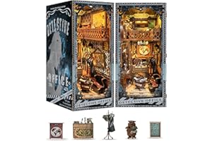 RONSTONE DIY Book Nook Kit - Miniature Dollhouse with LED Light, Creative Mini Doll House Booknook Bookshelf Insert Decor, 3D Puzzles Detective Office Bookends Model Shelf Decor for Teens and Adults