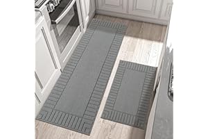 BEQHAUSE Kitchen Rugs Washable Kitchen Mats Floor Non-Slip Kitchen Mats Absorbent Kitchen Runner with TPR Non Skid Backing,Set of 2(60X89cm+60X152cm,Grey)