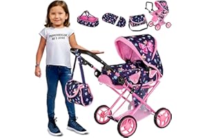 Kinderplay Puppenwagen 3-in-1 – Höhenverstellbar 36,5–64 cm – Für Puppen bis 40 cm – Leichter Aluminiumrahmen, leise Schaumräder, mit Tragetasche