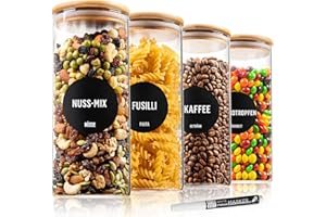 Deco haus® Tarros de Cristal con Tapa hermética, Juego de 4 [+ Etiquetas], Botes Cocina Almacenaje, Tarros Cristal con Tapa de Madera, Frascos de vidrio Apto para Harina, Café, Pasta - 4x1400ml