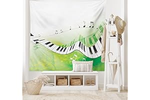 ABAKUHAUS Música Tapiz de Pared y Cubrecama Suave, Teclas de Piano Verde con Curvas, Lavable Colores No Destiñen, 150 x 110 cm, Verde Lima Negro Blanco