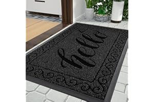 Yimobra Hello Front Door Mat, Heavy Duty Easy Clean Doormat Indoor Outdoor, Waterproof Quick Dry Floor Mat for Home, Garage, Hign Traffic Areas, Non Slip, Low Profile, 75x43 cm, Black