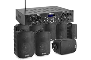 Power Dynamics Pack Sonorisation 4 Zones 400 Watts Bluetooth avec 8 Enceintes Noires, Lecteur MP3 USB/SD, Radio FM, Entrées Micro, Télécommande - Kit Complet pour Multi‑Pièces, Restauration