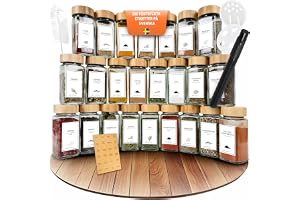 Comforder Kryddburkar Set 24 st, 336 Svenska Etiketter, 120ml, Bambulock | 2 justerbara kryddkvarnar, 36 strölock, markeringspenna, tratt, flaskborste, lufttät försegling, livsmedelssäker