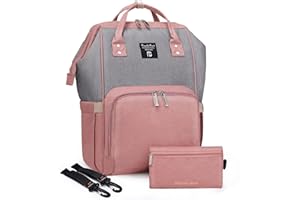 Pomelo Best Sac à Dos à Langer Bébé étanche en Oxford Grande capacité 55L avec matelas à langer, 2 poches isothermes, Poignées fixes sur poussettes Unisex Voyage (Rose et Gris)