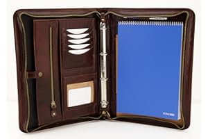 NODA Portfolio, A4-Ordner aus italienischem Leder, mit Reißverschluss, Padfolio mit 4 Ringen, Ledermappe mit Griff (braun)