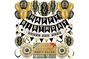 ITSY BITSY PARTY CO Premium Reusable Birthday Decorations - Multi-occasion Happy Birthday Banner also spells Party Day + more, Fast Assembly with Velcro - Black and Gold Party Decorations for Men and Women + Balloons