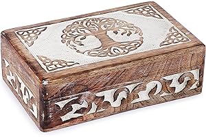 Ajuny Hand Crafted Wooden Decorative Jewellery Box - Tree Of Life Design Carved Multipurpose Handmade Treasure Chest Trinket Holder keepsake Storage Organiser Best Gift 8x5 Inch