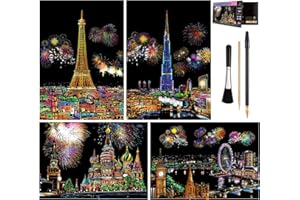 ARTSPER Rainbow Scratch Art Painting Paper (A4) for Kids & Adult, Night View Scratchboard, Engraving Art Set: 4 Sheets Scratch Cards & Drawing Pen, Clean Brush (Eiffel Tower/Big Ben/Burj Khalifa/Moscow)