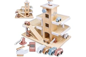 Mamabrum Multi-Storey Car Park, Wooden Garage Toy for Boys and Girls, Toys Improving Motor Skills & Hand-eye Coordination, Interactive Toys, Accessories Included, Scandinavian Colour Design