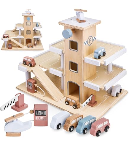 Mochtoys Garage à 4 Étages Avec Ascenseur - Parking Jouet Avec Panneaux, Station-service Et Voiture - Développe Motricité - Pour Enfants Dès 3 Ans