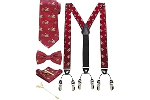 JEMYGINS Bretelle Uomo Natale Regolabili a Forma di Y da 3,5 cm e larghe con 6 Fermagli Robusti in Seta con Cravatta e Papillon Insieme Scatola Inclusa