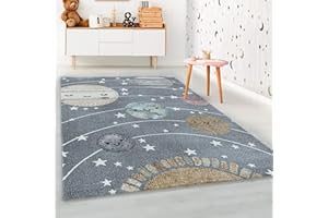 HomebyHome Tappeto per Bambini Tappeto Cameretta Bambino Disegno Pianeta Grigio 120x170 cm - Tappeto Pelo Corto Tappeto Camera Ragazzo - Tappeto Camera bambini Sala giochi Tappeto Cameretta Bambina