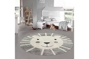 Teppich-Traum Tappeto Cameretta Bambino Asilo Nido da Gioco Playmat 3d pelo alto e basso Motivo Leone crema grigio bianco, 160 cm rotondo