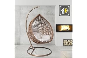 GOODS EMPORIUM Luxury Rattan Hanging Egg Chair Outdoor & Indoor Garden Swing Chair Hammock with Cushions - RAIN COVER INCLUDED (Large, Brown - Brown - Grey)