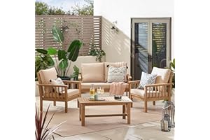 Furniturebox UK Outdoor Garden Furniture - Vitur Solid Wood Garden Sofa Set - 2 Seat Garden Sofa + 2 Outdoor Armchairs + Coffee Table - Acacia Wood + Light Grey Cushions - For Patio Deck Conservatory