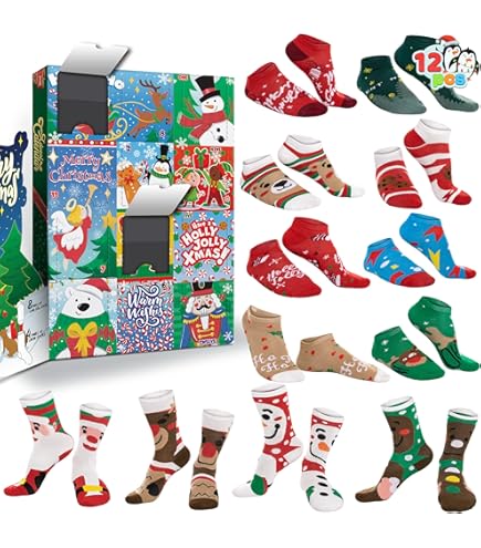 Sock Adventskalender 2025, 12 paar sokken voor dames en heren, aftelsokken voor volwassenen, adventskalender, verrassingen, kerstman, sneeuwpop, kerstboom, kerstcadeau, geschenkdozen voor feesten