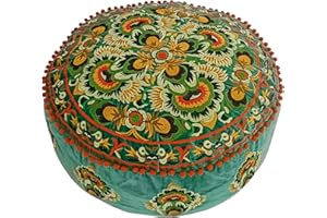 ‎MANDALA LIFE ART Grün Runder Pouf Ottomane mit Samt Stickerei – Weicher, Bestickter Bodenkissen mit Marokkanis Design, 60cm Durchmesser, ideal für Wohnzimmer, Schlafzimmer oder Meditationsraum