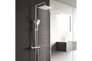 KOMIRO Colonne de Douche Thermostatique, Colonne de Douche avec Mitigeur, Hauteur Réglable, 26 x 19 cm Douche de Tête, Ensemble de Douche pour Salle de Bain, Carré, Chromé (style1)