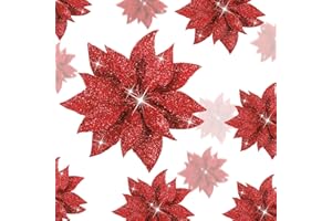 Chunyin 36 Pezzi Poinsettia di Natale Fiori Artificiali di Magnolia per Albero di Natale Fiori Finti Glitterati Natalizi con Clip Decorazioni per Ghirlanda Festa Capodanno, 3 Dimensioni (Rosso)