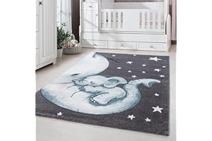 Carpetsale24 Kinderteppich niedliches Elefant Muster Grau und Blau 120 x 170 cm - Kurzflor Teppich Kinderzimmer für Junge und Mädchen Weich Pflegeleicht - Waschbar Spielteppich Babyzimmer Babyteppich