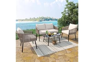Oslghy Conjunto Jardín Exterior, Salón de Jardín 4 Piezas, Conjunto Muebles de jardín, Muebles de Jardin, Conjunto Terraza Exterior Mesa y Sillas con Sofá Doble, 2 Sillones y Mesa de Cristal (Gris-A)