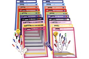 AEIOUBABY.COM Fundas Reutilizables A4 (36×26 cm) Transparentes | Pack 20 Fundas de Borrado en Seco con 20 Rotuladores, 2 Borradores y 2 Globos | PET Reciclable | Material Escolar para Aula y Casa