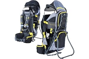 DROMADER Mochila Portabebe Montaña - Portabebes Senderismo hasta 22kg con Protector Solar, Protector de Lluvia, Bolsillo Térmico y Cambiador - Estructura Plegable con Una Mano – Negro y Amarillo